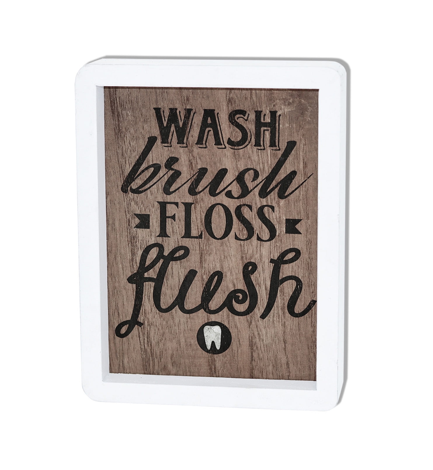 Parisloft Wash Brush Floss Flush Bathroom Wood Wall Sign, Brown, 6" x 8