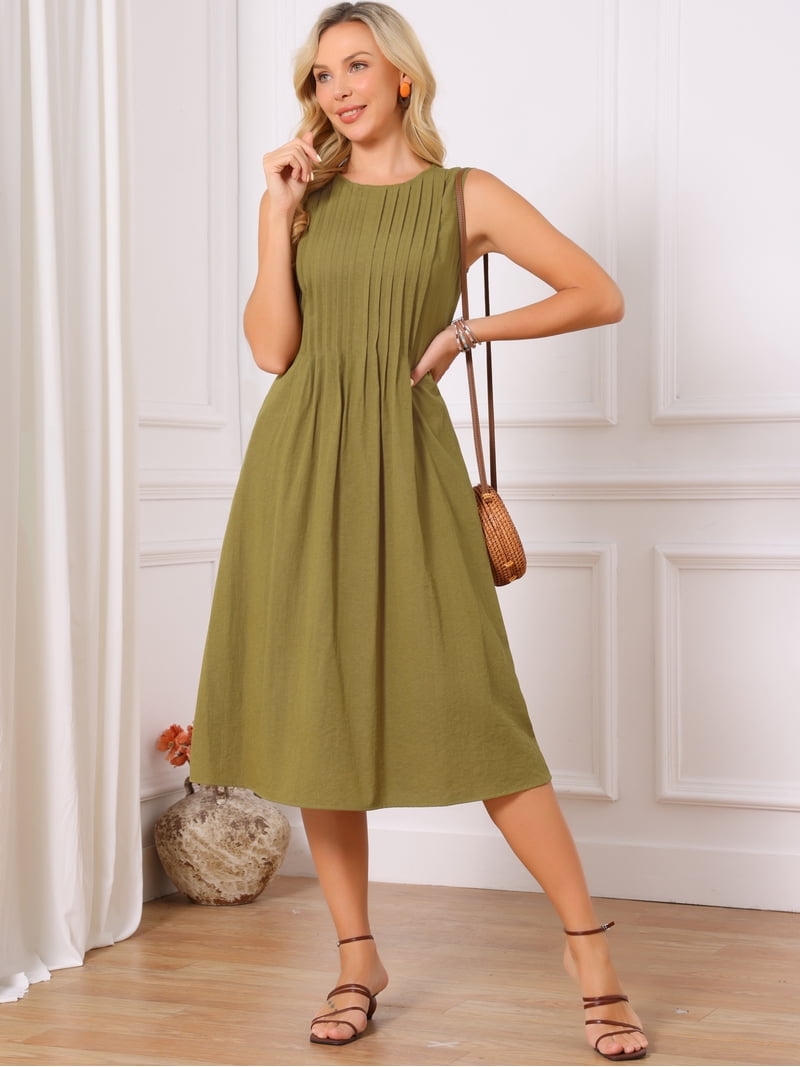 walmart olive green dress Daring Diva Women's Sleeveless Crewneck Tie Waist Pleated Flowy Midi Dress XL Olive Green