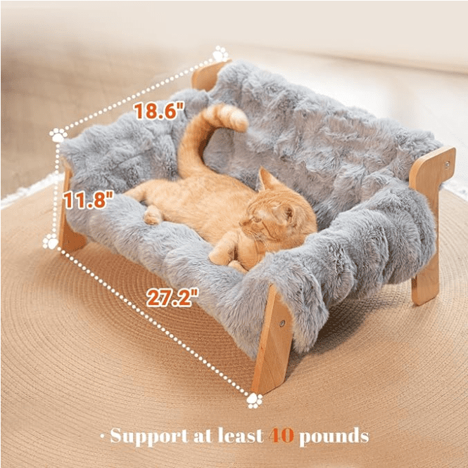 CheerPals Elevated Cat Couch Bed for Indoor, Wooden Cats Sofa with Fluffy Cover Raised Kitty Lounge Chair Suitable for Puppy(Grey)
