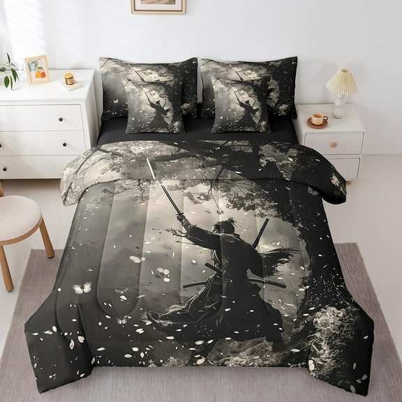 Erosebridal Japanese Samurai Bedding Sets Twin Size, Ancient Warrior Comforter Sets with Sheets, Butterfly Flower Decor, Reversible