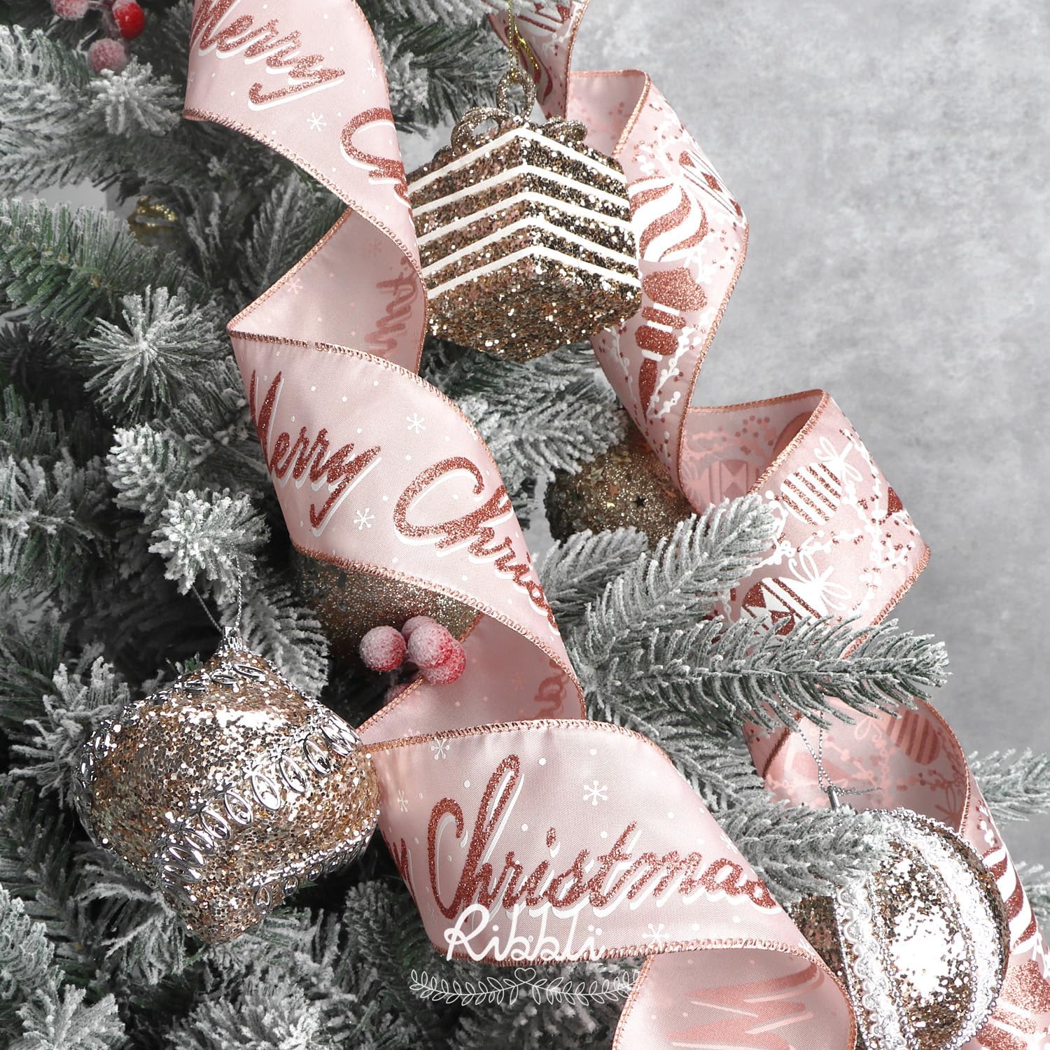 Christmas Ribbon Wired Rose Gold Christmas Tree Ribbon Snowflake Glitter Wired Ribbons for Crafts Gift Wrapping Wreaths Garland Home Decor -2.5 Inchx6 Rolls Total 36Yard
