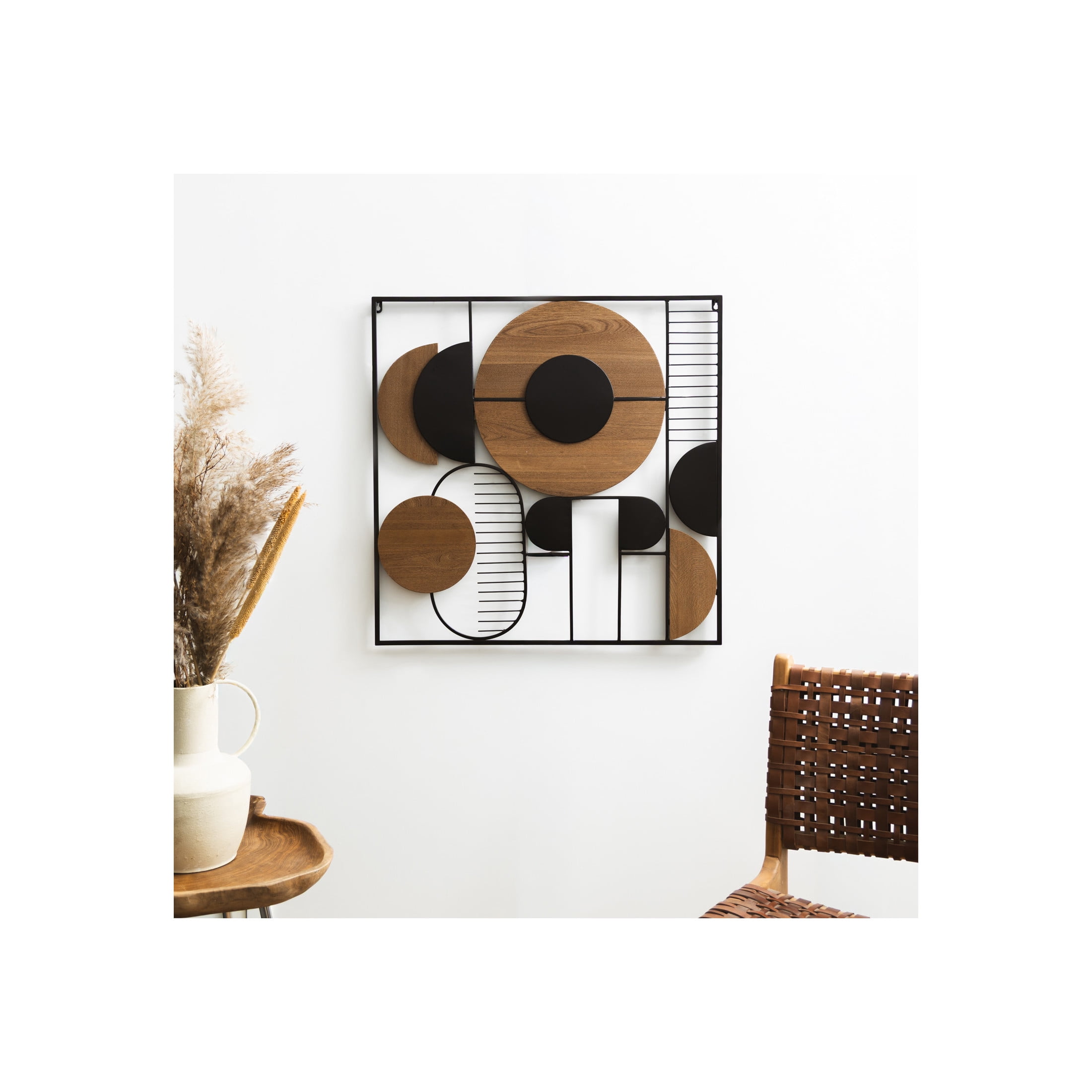 DecMode Black Metal Geometric Wall Decor with Brown Wooden Shapes
