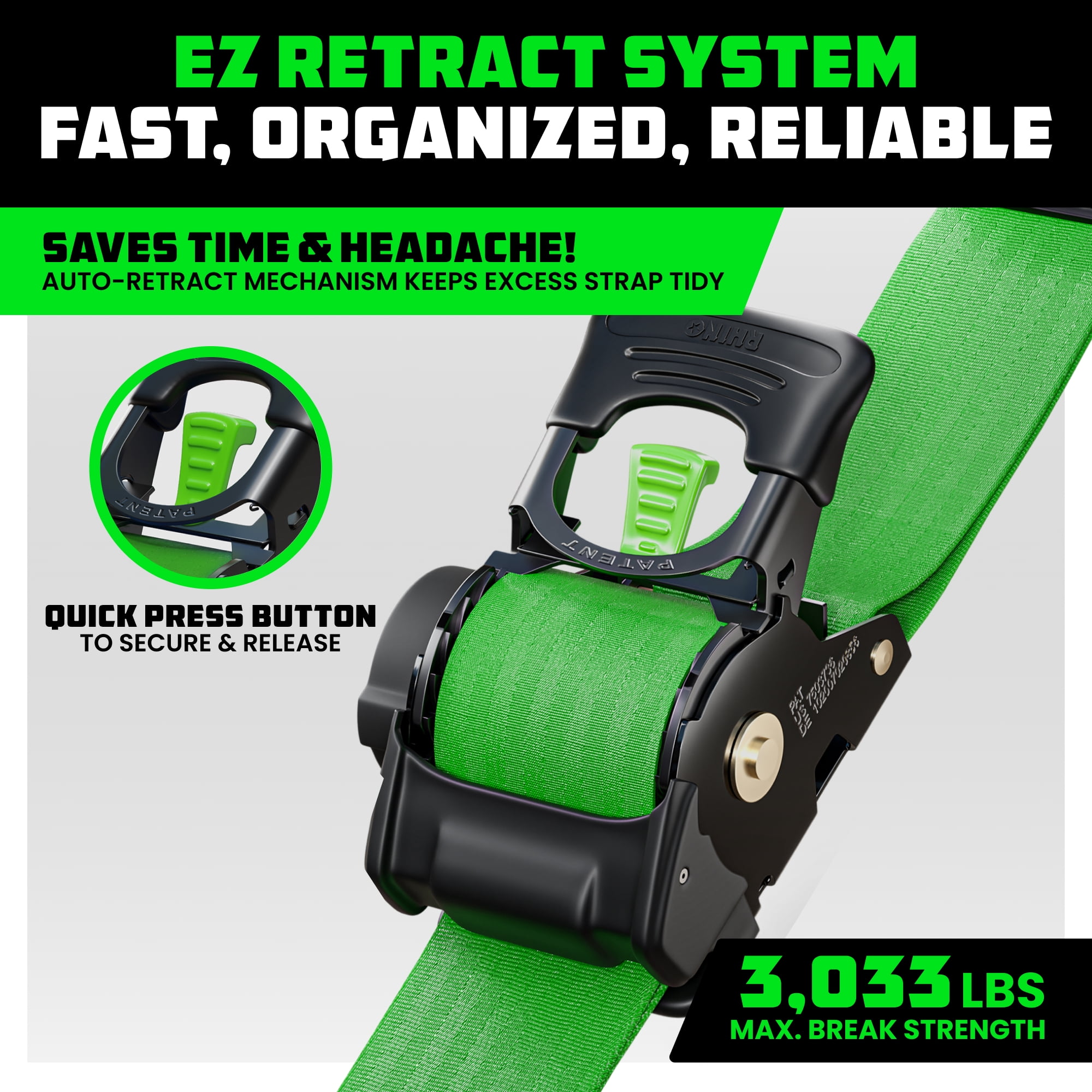 Rhino USA Heavy Duty 2" x 10' Retractable Ratchet Straps 3,033lb Break Strength (Green 4 Pack)