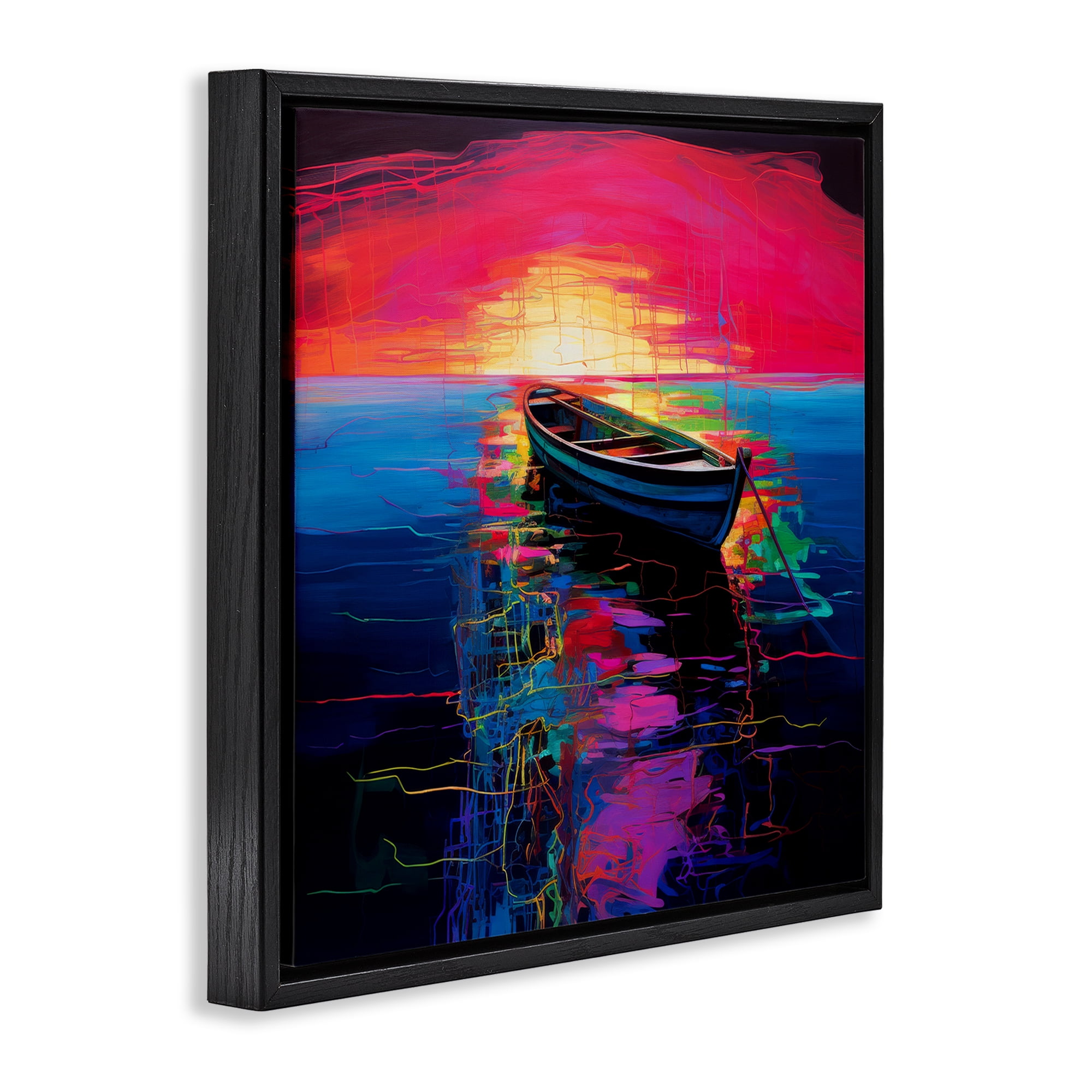 Stupell Industries Boat in Bold Sunset Transportation Painting Black Floater Framed Canvas Art Print Wall Art, 18 x 18