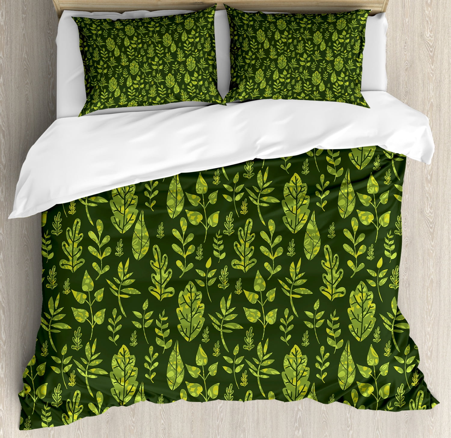Sage Duvet Cover Set, Patterned Green Leaves Nature Inspired Composition Fresh Trees Woodland