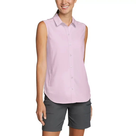 Eddie Bauer Women's Moisture Wicking Stretch Top Button Down Sleeveless Shirt (Purple, L)