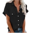 thumbnail image 4 of Women's Solid Color Short Sleeve Shirt 2026 V Neck Lapel Button Down Blouse with 2 Pockets Casual Loose Fit Top for Office Summer Outfit, 4 of 9