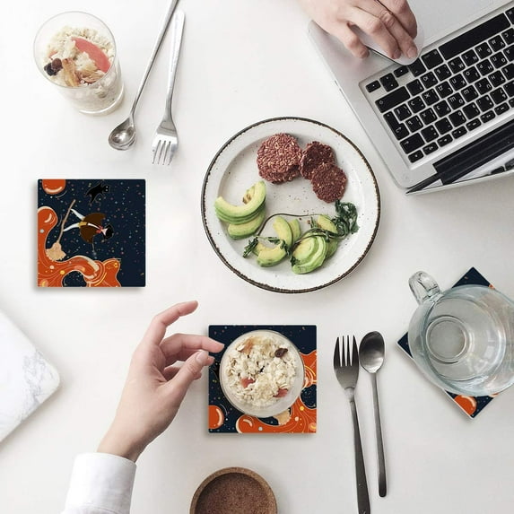 FMSHPON Happy Halloween Black Cat Witch Set of 4 Coaster for Drinks, Absorbent Ceramic Stone Coasters Cup Mat with Cork Base for Home Kitchen Room Coffee Table Bar Decor