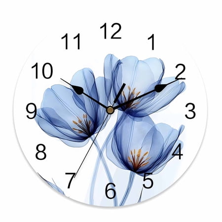 Wall Clock 12 Inch Modern Abstract Tulip Flower Round Silent Decorative Wall Clocks Battery Operated for Living Room Bedroom Kitchen Classroom Decor, Light Blue,Large