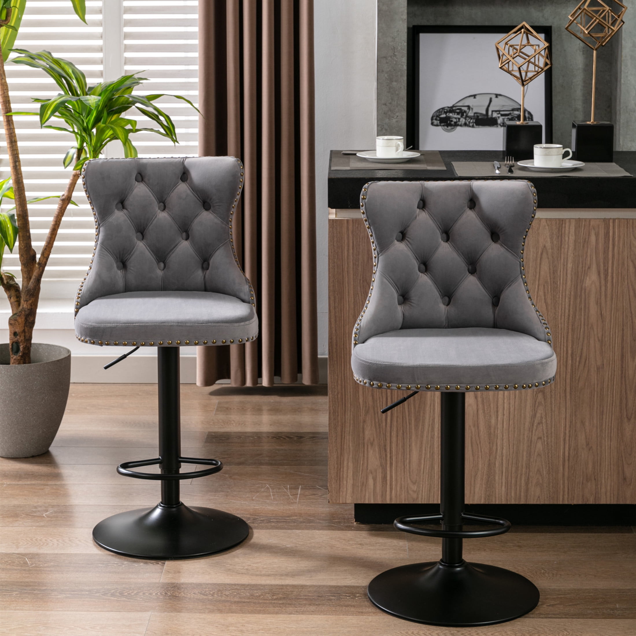 GDF Studio 18.1" Adjustable Swivel Barstools Set of 2 with Tufted Velvet Upholstery & Nailhead Trim, Gray