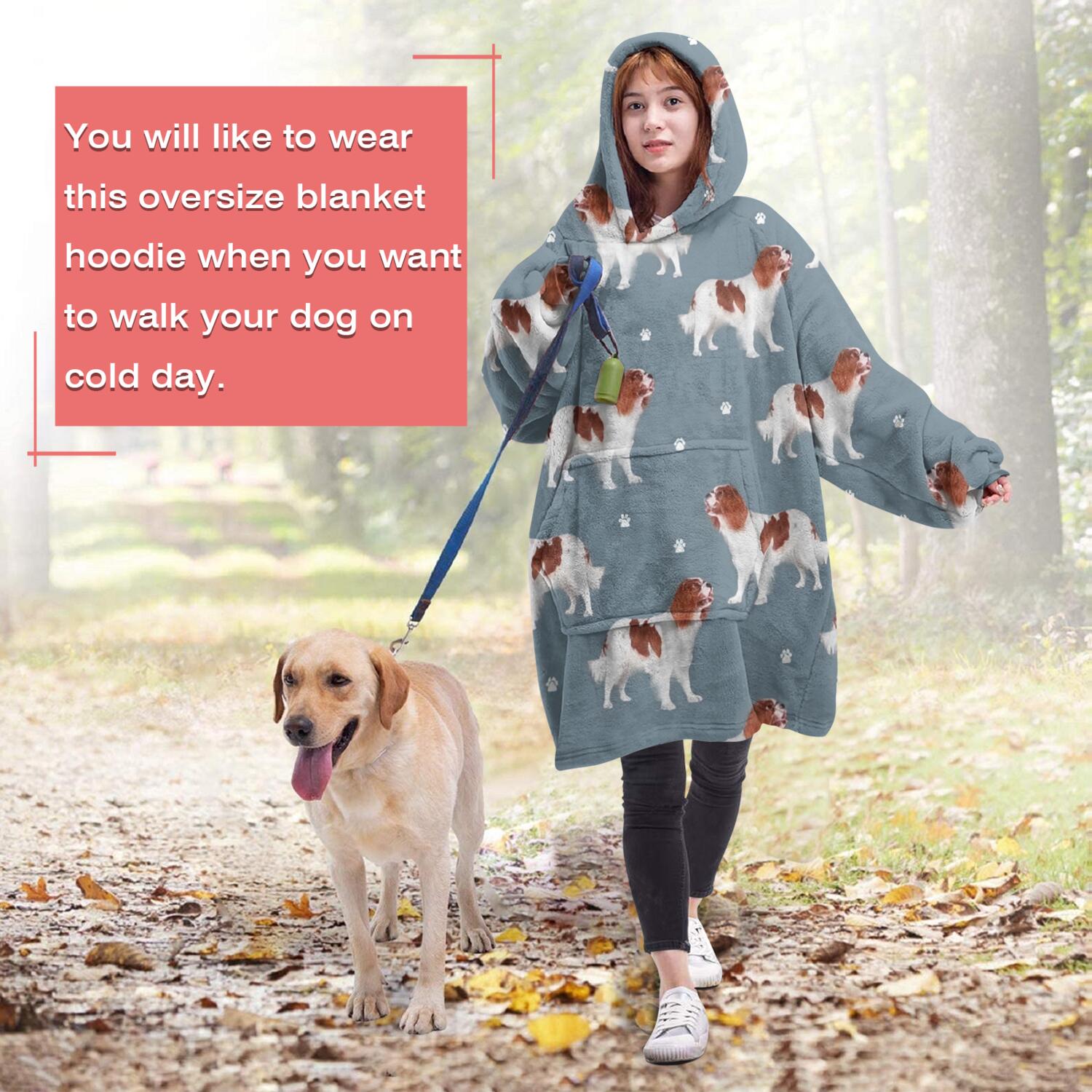 King Charles Cavalier Wearable Oversized Blanket,Wearable Blanket Hoodie for Adults,Cozy Hooded Blankets with Super Pockets,Super Warm Fuzzy Pullover for Women & Men