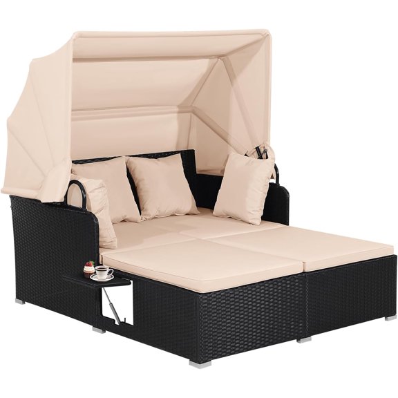 FORCLOVER Outdoor Rattan Daybed Lounge, PE Rattan Daybed, Patio Wicker Loveseat Sofa Set with Retractable Top Canopy & 2 Side Tables, Outdoor Sun Lounger with Soft Cushions, Beige