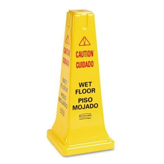 Rubbermaid Commercial  Four-Sided Caution- Wet Floor Safety Cone - Yellow - 10-1/2w x 10-1/2d x 25-5/8h