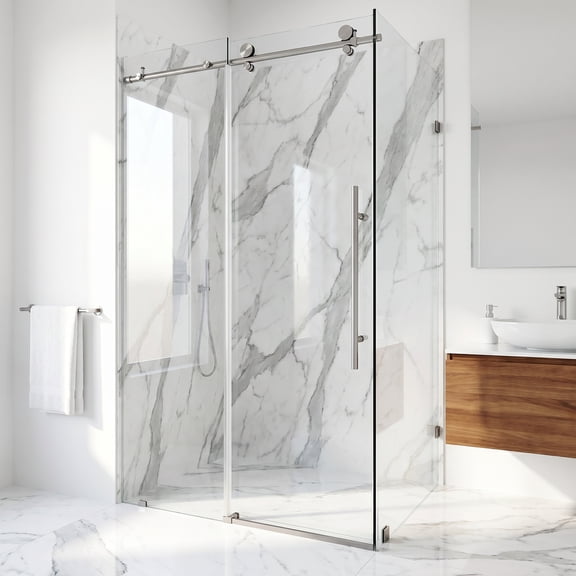 VIGO Elan E-Class 34 in. L x 46 in. W x 76 in. H Frameless Sliding Shower Enclosure in Stainless Steel with Clear Glass