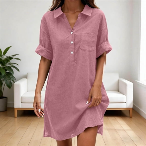 QUNYINEY Midi Everyday Dresses for Women Pink Short Sleeve Summer Faux Cotton Linen Shirt Dress Loose Fit with Pockets Button Collared Dresses