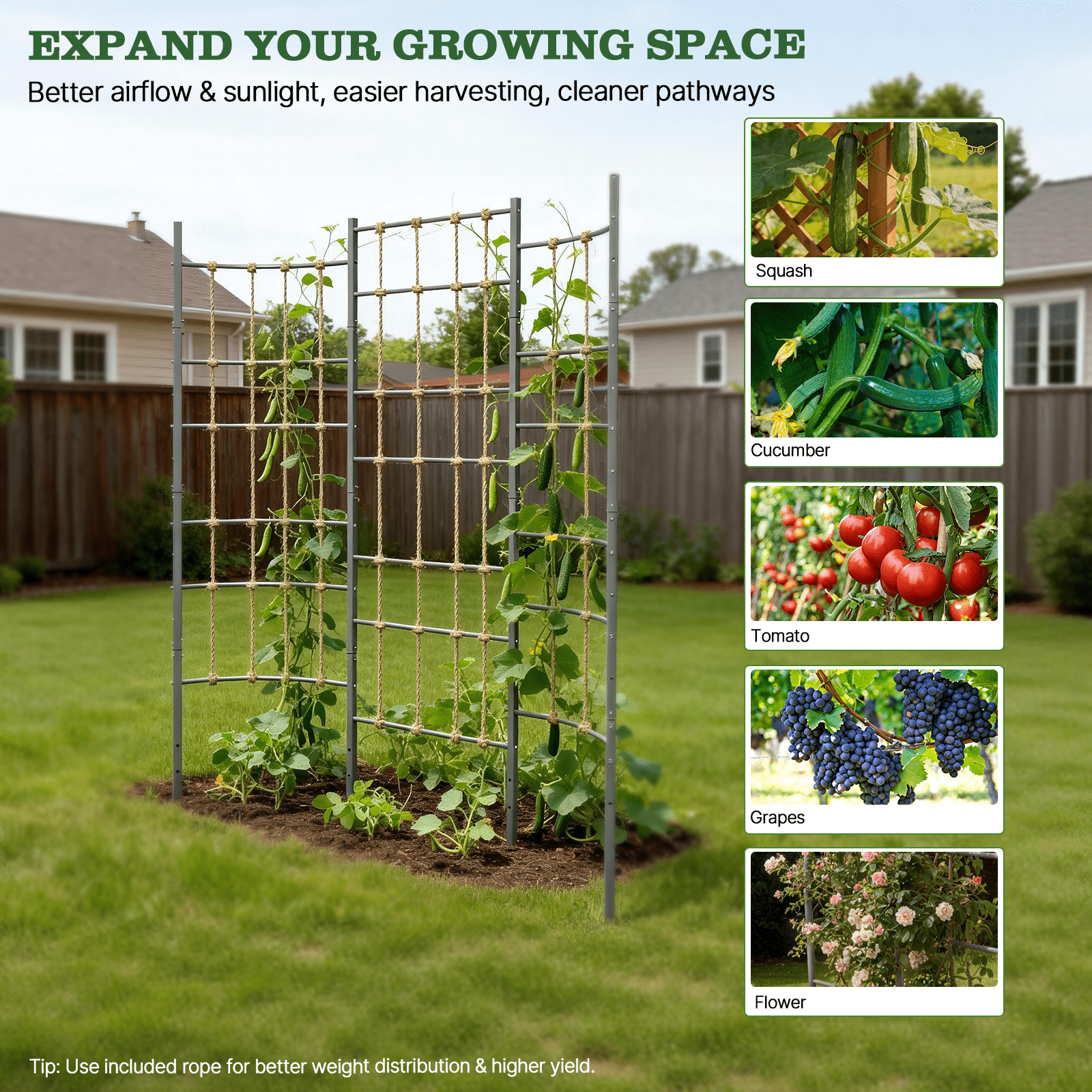 Tramull  Trellis System, Garden Panel Trellis for Raised Garden Beds, Heavy Duty Metal Trellis Panel with Crossbars, Bed-Mount & Ground Install, Vertical Support for Tomatoes, Peas & Climbing Vines