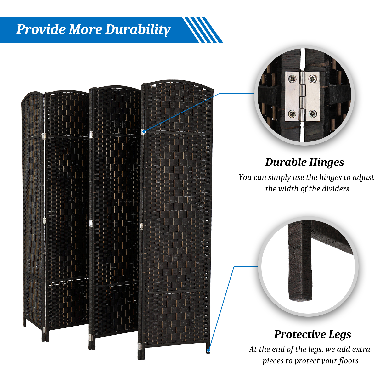 VINGLI 6-Panels Rattan Room Divider, 6 ft Folding Privacy Screen(Black)