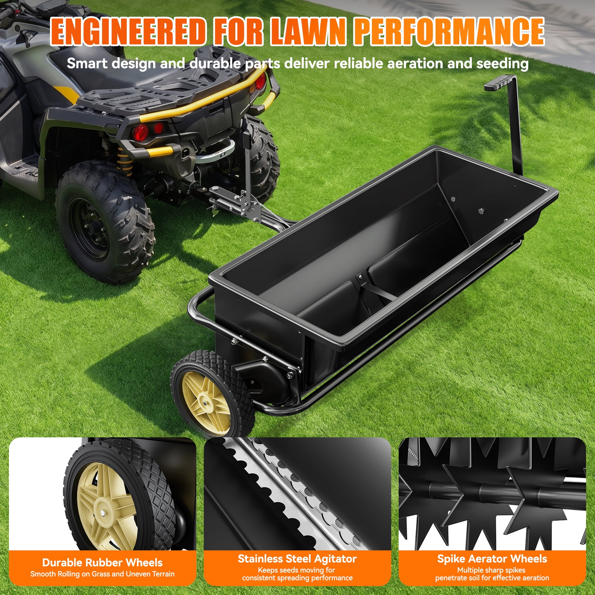 2-in-1 32" Tow Behind Lawn Spreader & Spike Aerator, 100 lbs Broadcast Seeder with 72 Aeration Tines, Universal Hitch for ATV, UTV & Garden Tractors