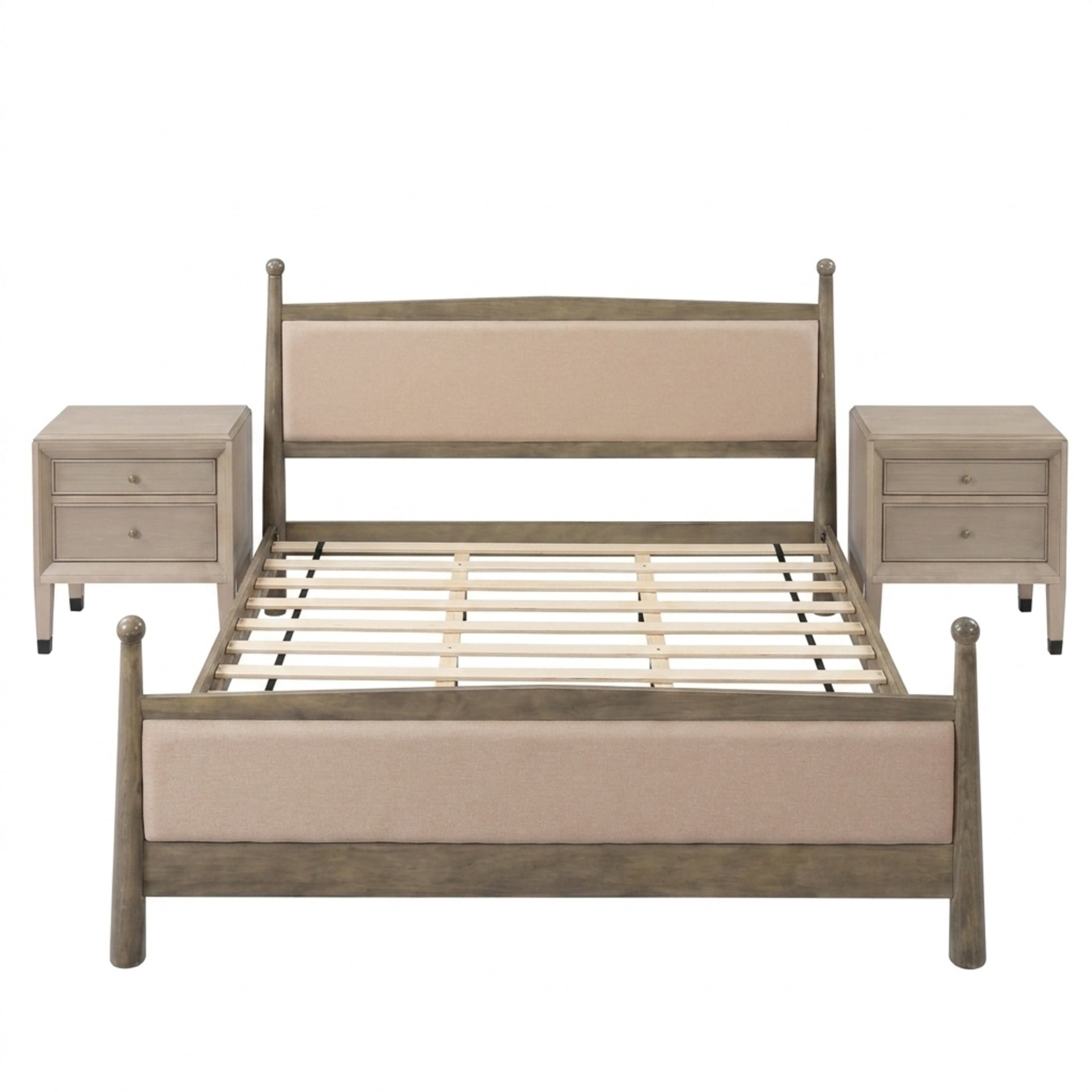 Christopher Knight Home Farmhouse Bedroom Set, King Upholstered Bed with 2 Nightstands, Natural+Gray