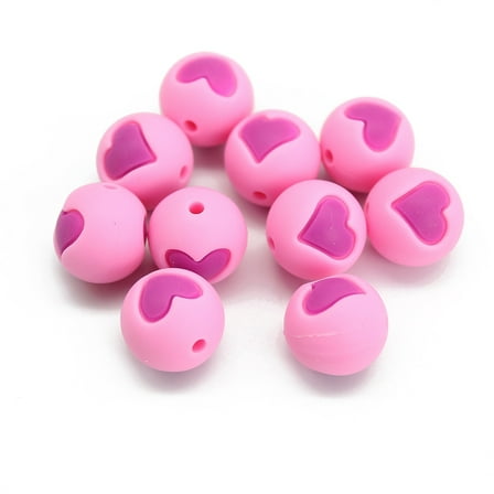 20pcs Round with Heart Pattern Grade Silicone Beads Necklaces Making Pearl Pink 15mm