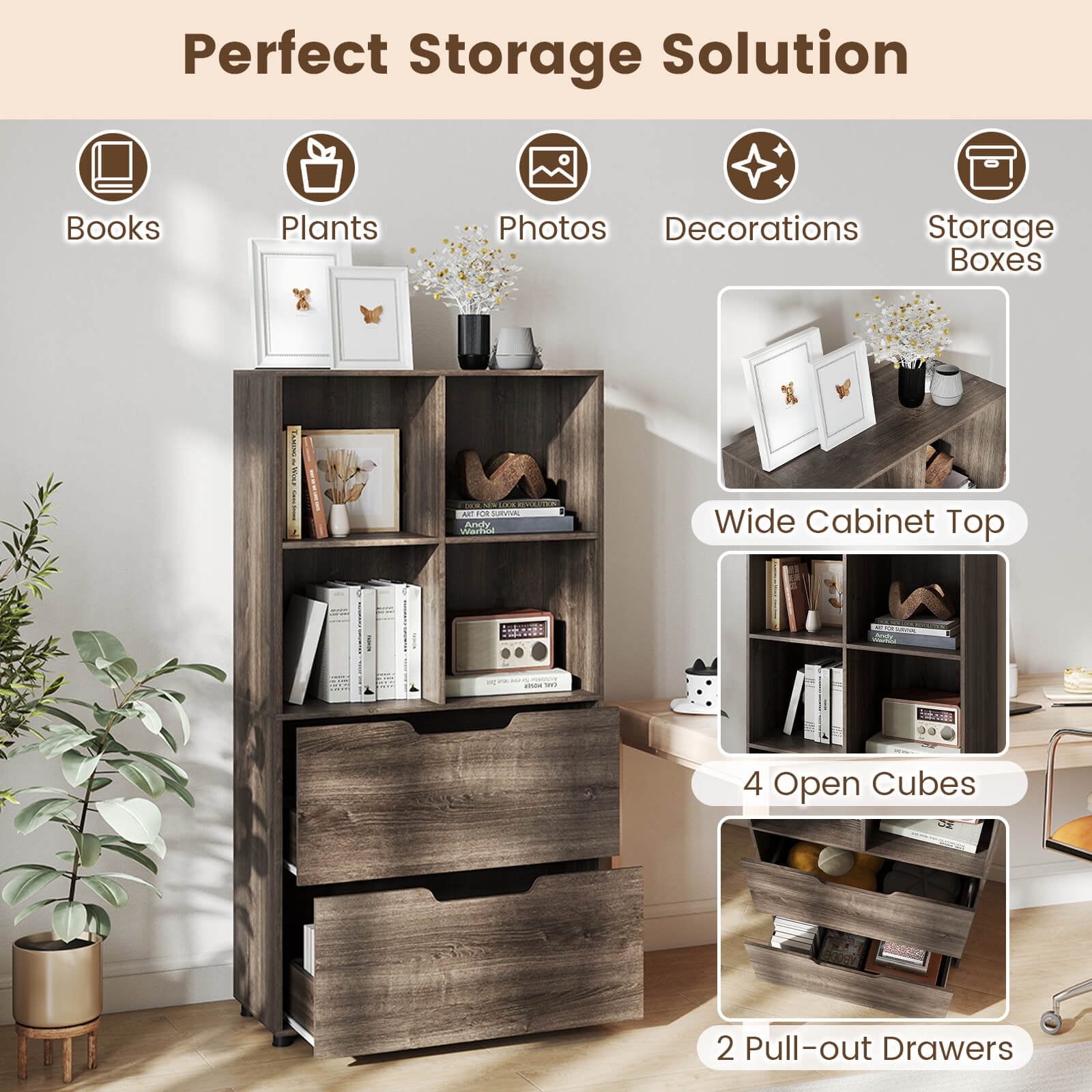 Costway 2 PCS 4-Cube Bookcase with 2 Drawers, Tall Freestanding Bookshelf for Living Room Gray