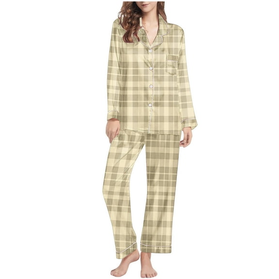 ITSAME 2-Piece Pajama Sets for Womens, Plaid Buttons Notch Collar Tops Stretch Pants Casual Loungewear Beige L