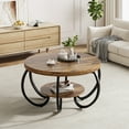thumbnail image 3 of 30 Inch Round Farmhouse Coffee Table with Storage Shelf, 2-Tier Rustic Wood Center Table with Curved Metal Legs for Small Spaces, Apartments, Living Room, Brown, 3 of 7