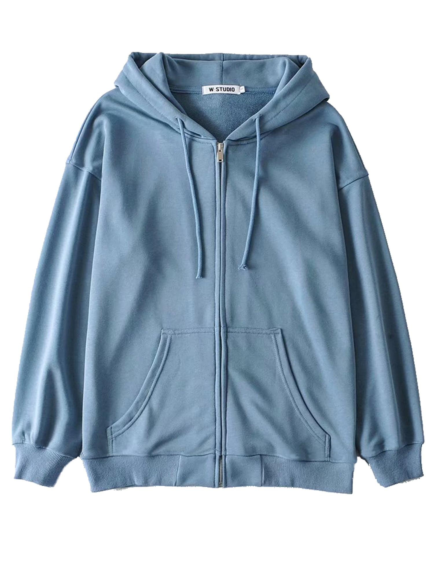 Women Zip-Up Hoodie Long Sleeve Top Oversized Y2K E-girls 90S Solid Color Sweatshirt Jacket Coat cardigan with Pockets