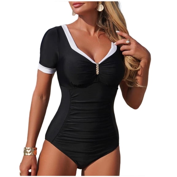 Oplxuo One Piece Swimsuit for Women Short Sleeve Rash Guard Tummy Control Bathing Suit Color Block Ruched Swimwear