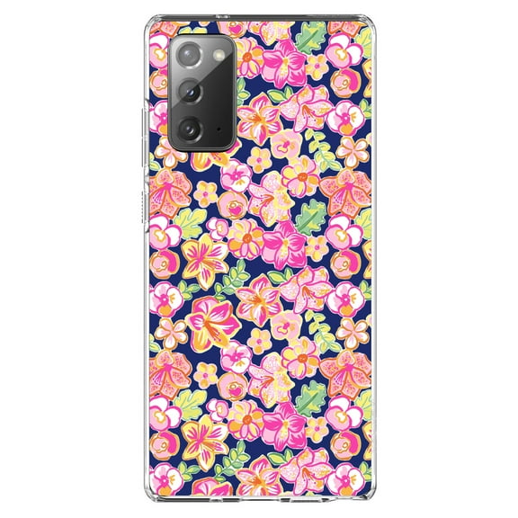 DistinctInk Clear Shockproof Hybrid Case for Samsung Galaxy Note 20 (6.7" Screen) - TPU Bumper, Acrylic Back, Tempered Glass Screen Protector - Preppy Pattern - Pink Green Navy Flowers Floral