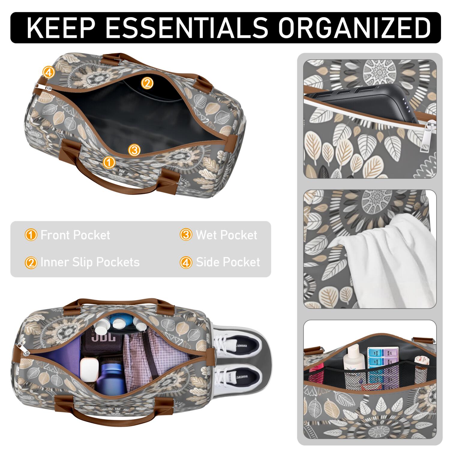 Boho Womens Gym Tote Duffle Bag with Wet Pocket & Shoe Compartment, Floral Checkered Travel Duffel Bag Overnight Weekender Hospital Tote Girls Workout Carry on Bag with Luggage Sleeve