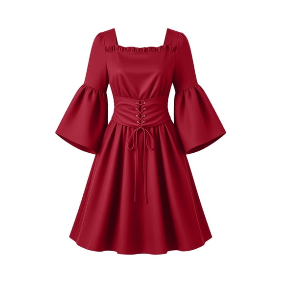 Women's Renaissance Dress Long Sleeve Medieval Casual Solid Flared Sleeves Witch Fashion Halloween Midi Dress