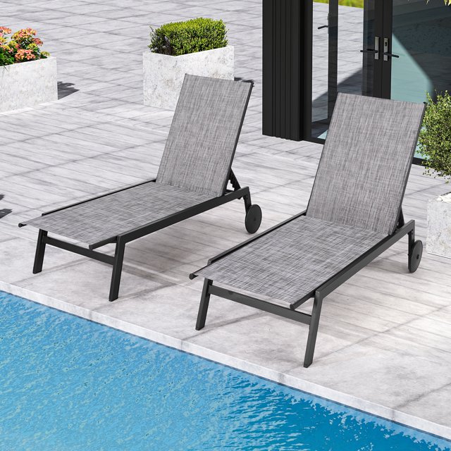 Yoleny Chaise Longue de Patio avec Roues, Ensemble de 2 Chaises Longues d'Extérieur avec Dossier Réglable, Chaises Longues de Piscine en Textilène Imperméable pour Patio, Piscine, Terrasse, Gris