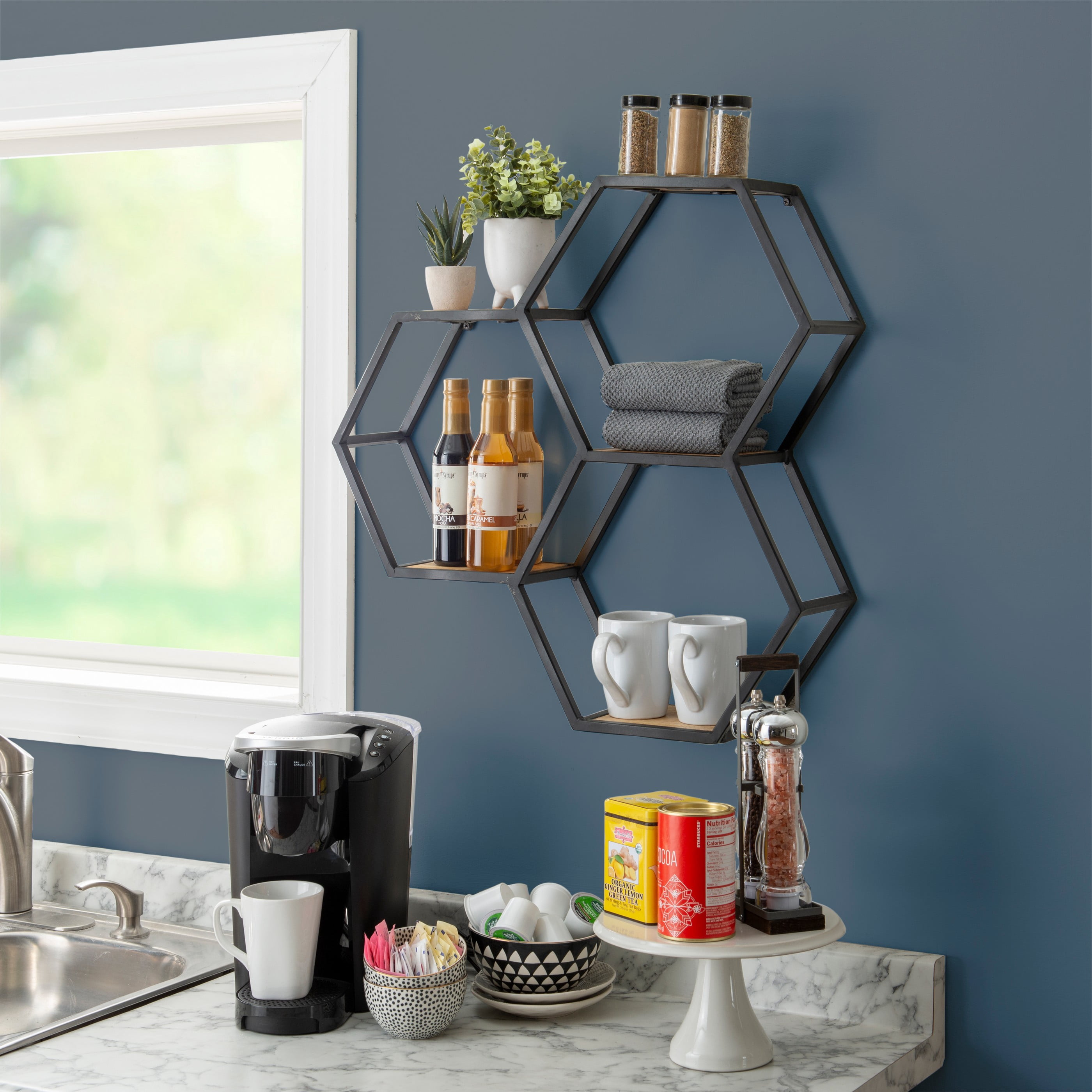Powell Wilson 3-Compartment Honeycomb Wall Shelves, Black Metal with Natural Mango Wood