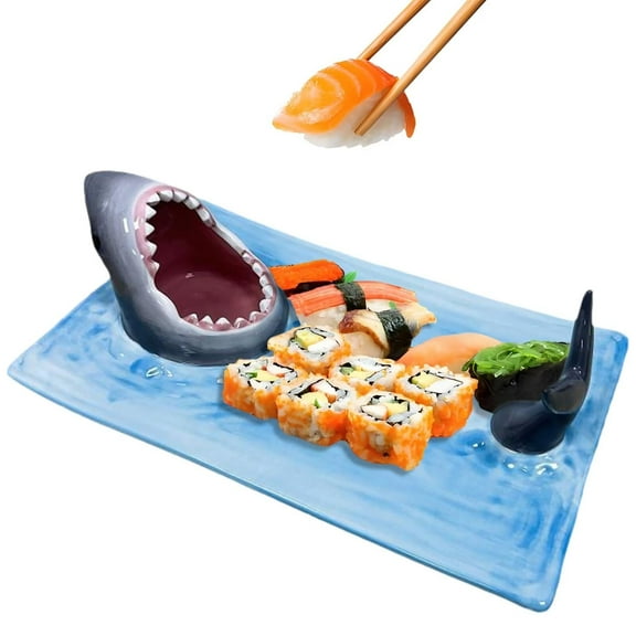 SENIURIS Shark Dipping Plate, Blue Sushi Ceramic Platter Boat Serving Tray with Dipping Sauce and Chopsticks Rest for Kitchen, Restaurant.