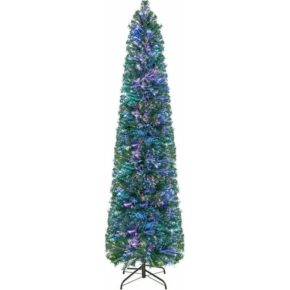 YESSW 7 FT Fiber Optic Artificial Christmas Tree, Pre-lit Pencil Christmas Tree with 697 Branch Tips, Foldable Metal Stand, Fake Xmas Tree for Home Office Holiday Party Decoration