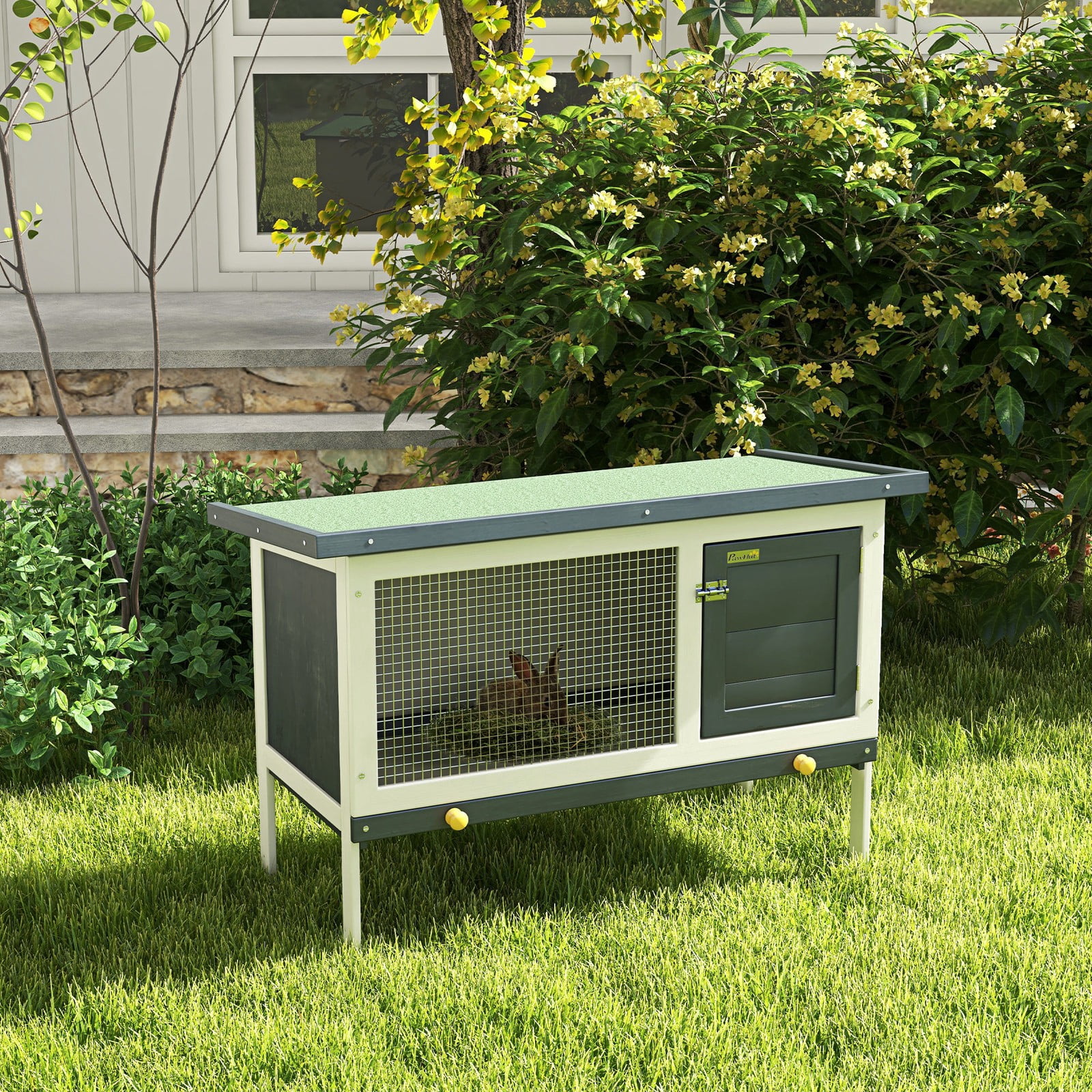 Favory Wooden Rabbit Hutch Indoor, Bunny Cage Outdoor, Guinea Pig House with Pull-Out Tray, and Openable Asphalt Roof