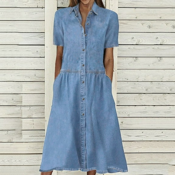 IDALL Summer Dresses,Denim Dress Women's Fashion Multi Pocket Skirt Skirt Casual Denim Summer Denim Multi Button Women's Dress Casual Dresses,Petite Dresses,Modest Dresses Light Blue Dress L