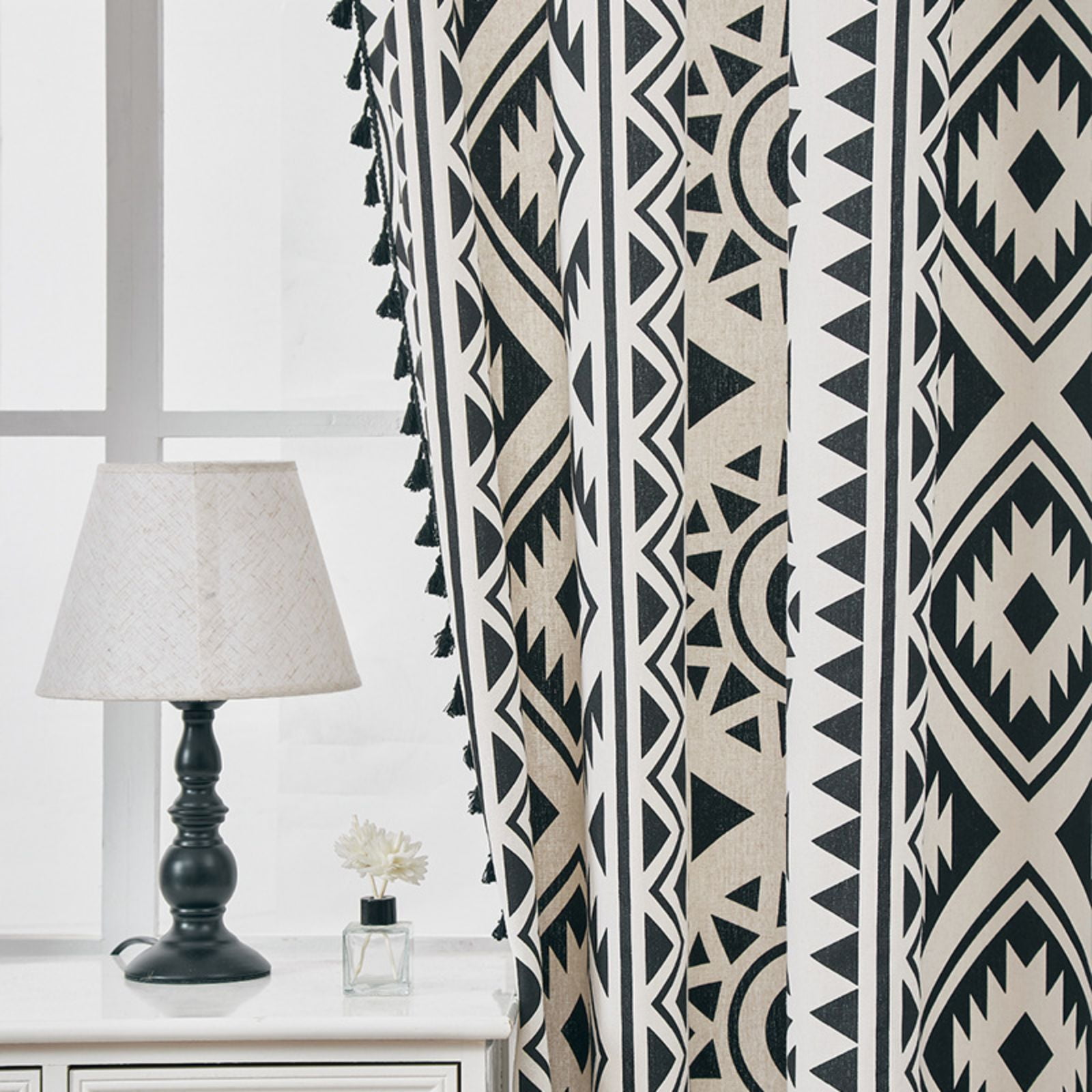 Black White Boho Farmhouse Curtains for Living Room 2 Panels, Linen Light Filtering Vintage Curtains Farmhouse Western Aztec Printed Rustic Rod Pocket Curtain Drapes with Tassels