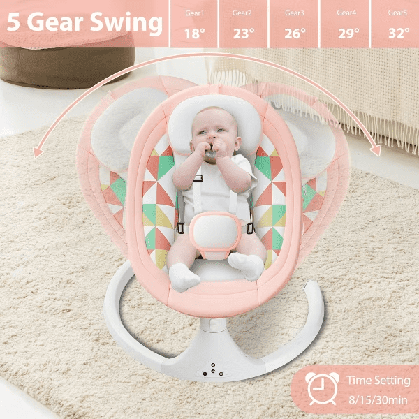 Tumajup 5 in 1 Large Baby Swing Bouncer with Rocking, Mosquito Net&Cute Toys Pink Striped for Toddler, 1 Count