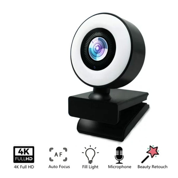 4K HD cam, cam with Builtin Microphone and Adjustable Ring Light
