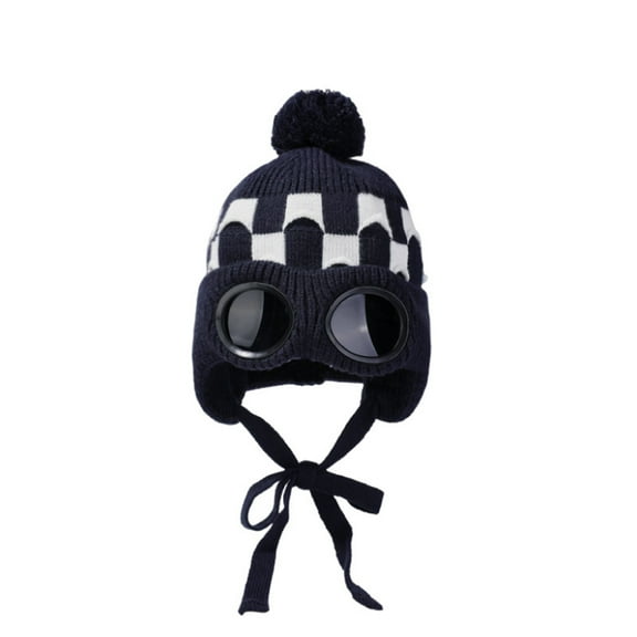 ZQUUVOU Women's Knit Winter Beanie with Ear Flaps Plaid Pattern Pom Pom Ski Hat Cold Weather Warm Accessory Navy