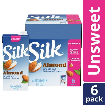 Silk Shelf Stable, Dairy Free, Lactose Free, Gluten Free, Unsweetened Almond Milk, 32 fl oz Quart, 6 Count