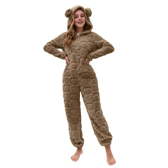 RYRJJ Womens Fleece Onesies Pajamas Jumpsuit Warm Sherpa Romper Sleepwear Cute One Piece Zipper Hooded Playsuit Loungewear(Brown,L)