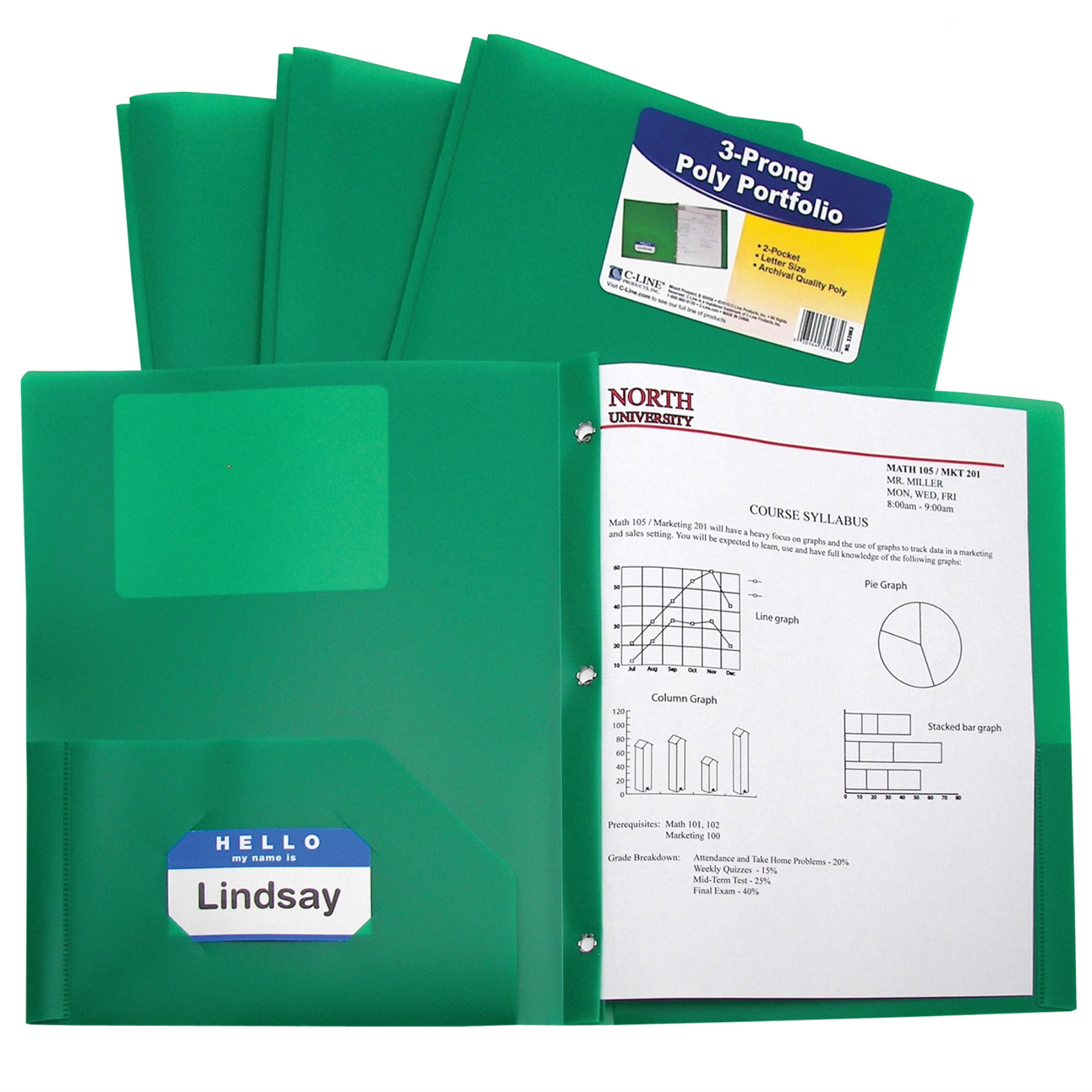 Two-Pocket Heavyweight Poly Portfolio Folder with Prongs, Green (Set of 25 Folders)