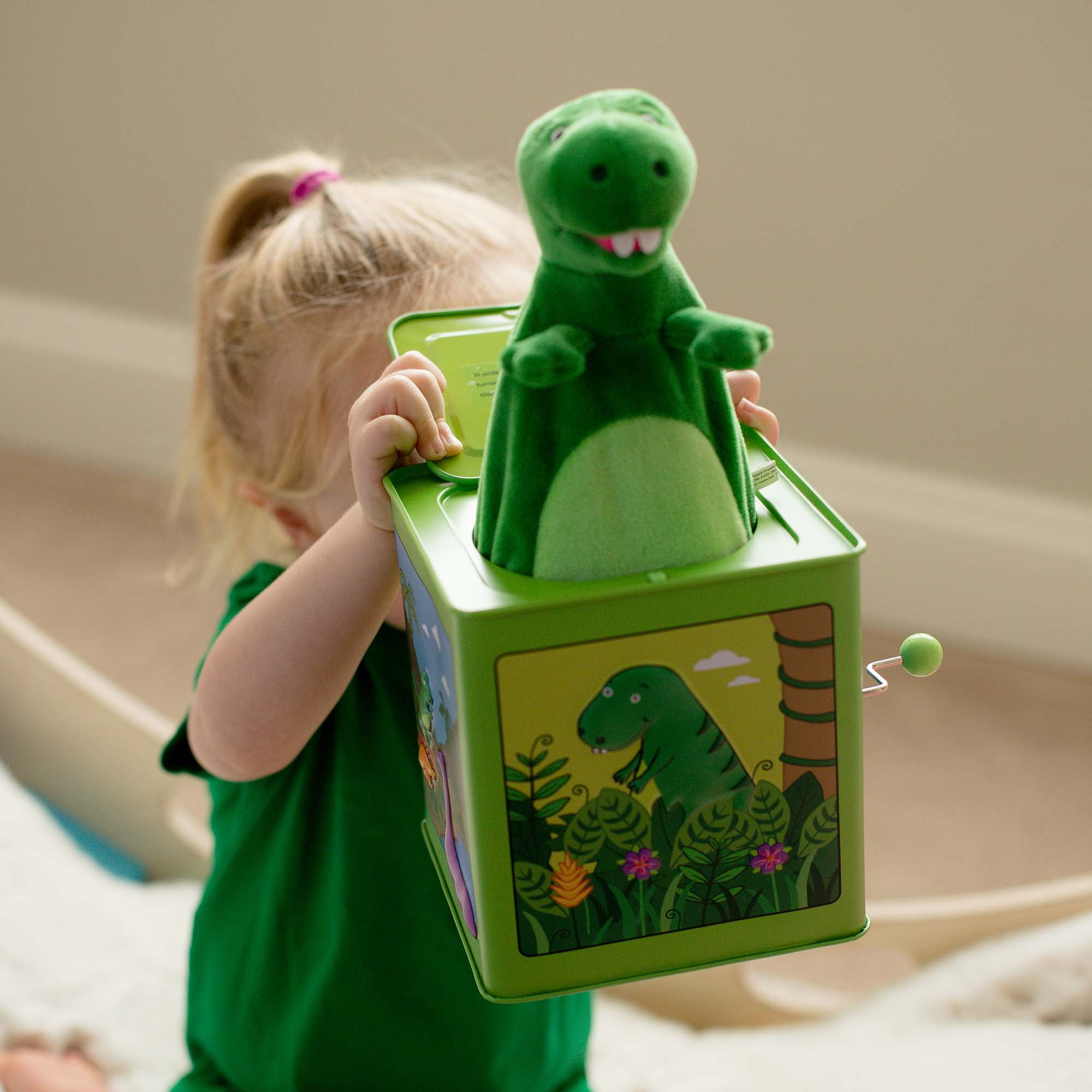 Jack Rabbit Creations Dinosaur Jack in The Box Toy, Plush Green Dinosaur, Side Crank Plays Twinkle Twinkle Little Star, Surprise Pop-Up, Kids Age 3+