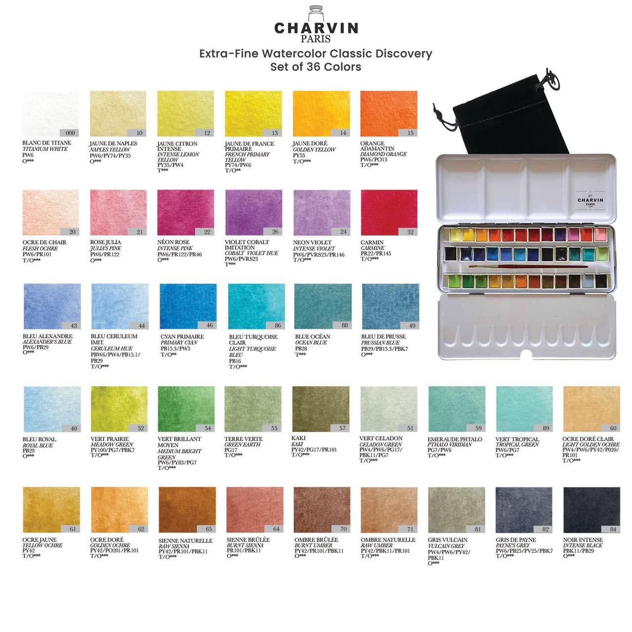 Charvin Extra-Fine Professional Watercolor Paint Set -  Watercolor Half Pan Set of 36, Made in France, Smooth Shellac-Like Finish, Transparent Pigments, Ideal for Layering & Mixed Media