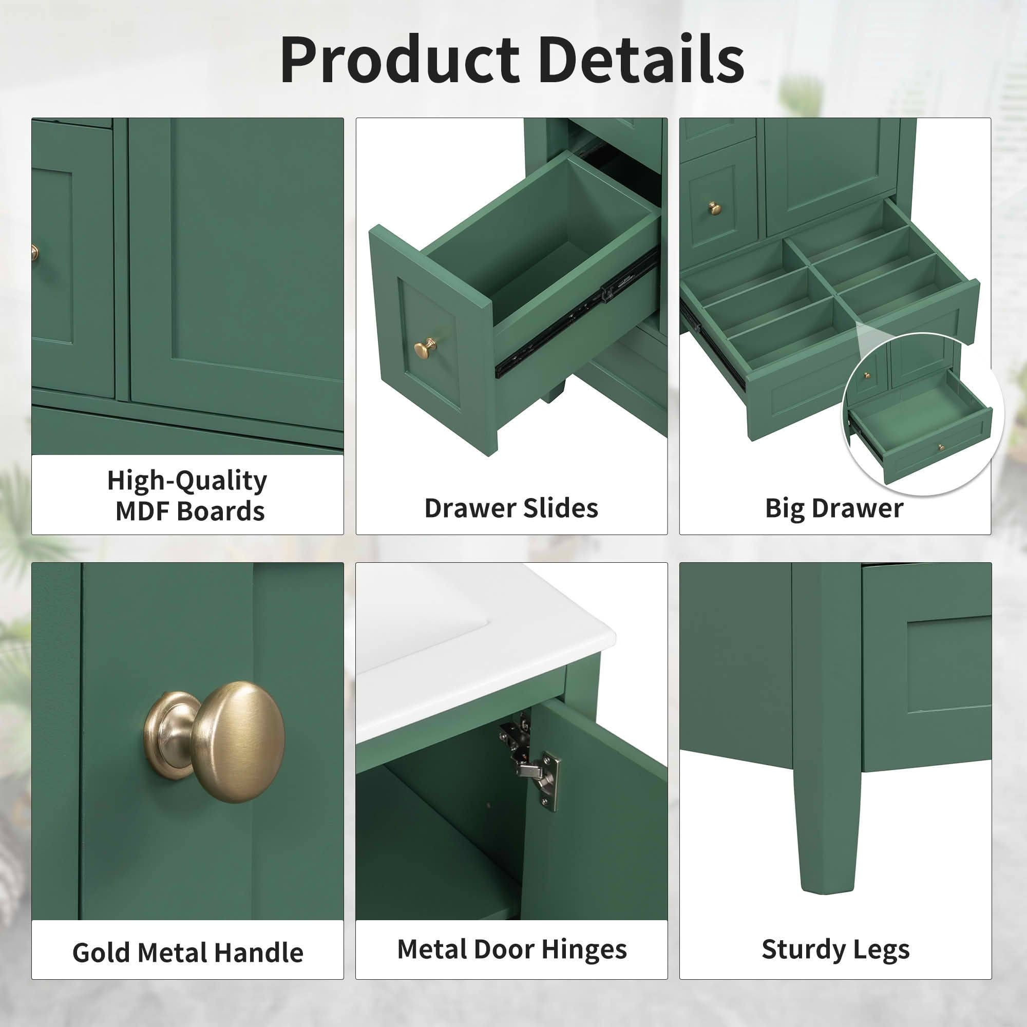 MAYEERTY 24-Inch Bathroom Vanity with Storage, Adjustable Shelf MDF Rubberwood Removable Dividers, Dark Green Finish