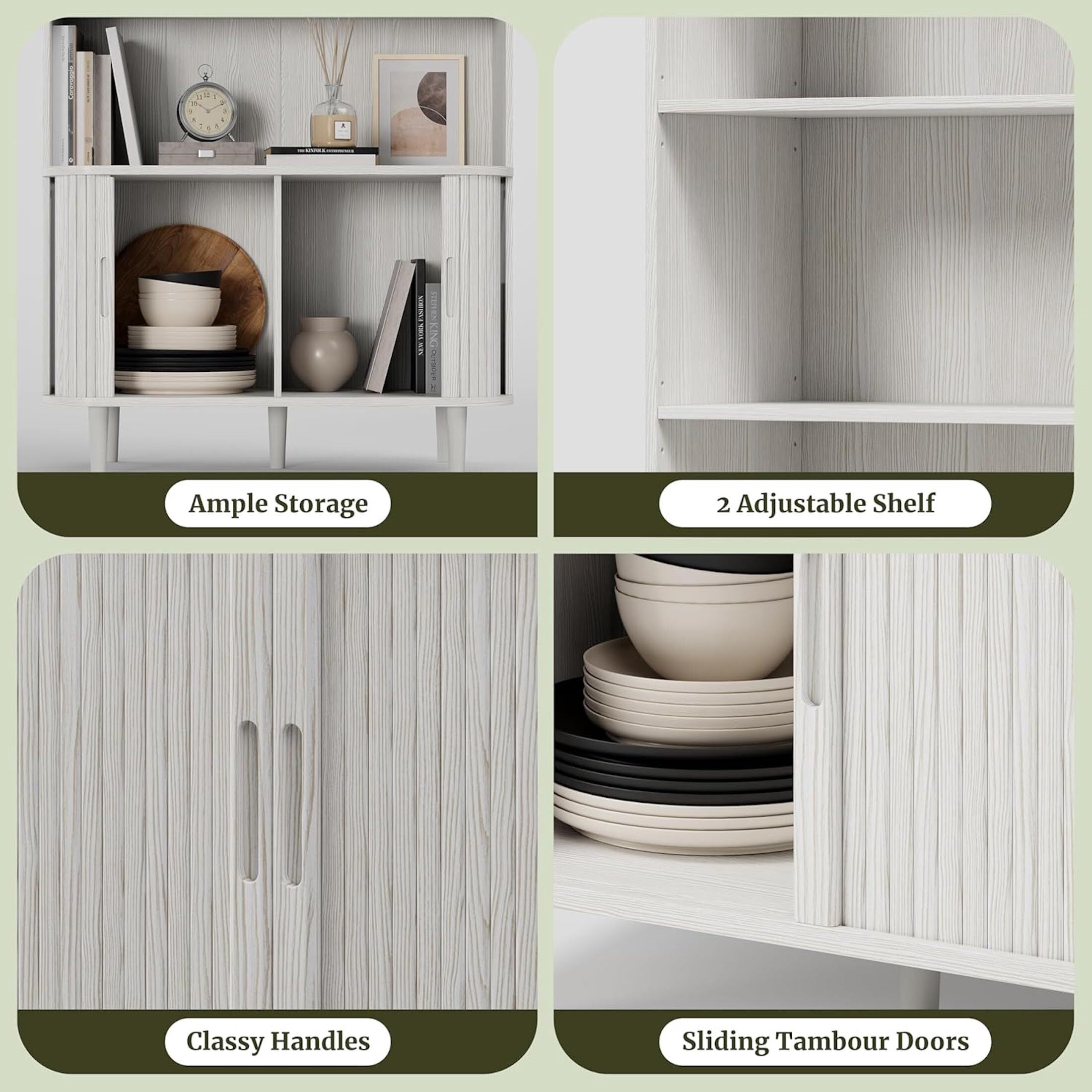 Aisword 71" Tall Arched Bookcases, 5-Tier Modern Farmhouse Bookshelf with Adjustable Shelves & Sliding Doors, Wood Display Storage Cabinet for Living Room, Office, White