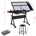 thumbnail image 3 of Yaheetech Height Adjustable Glass Drafting Table & Stool Set with 2 Drawers, Black, 3 of 8